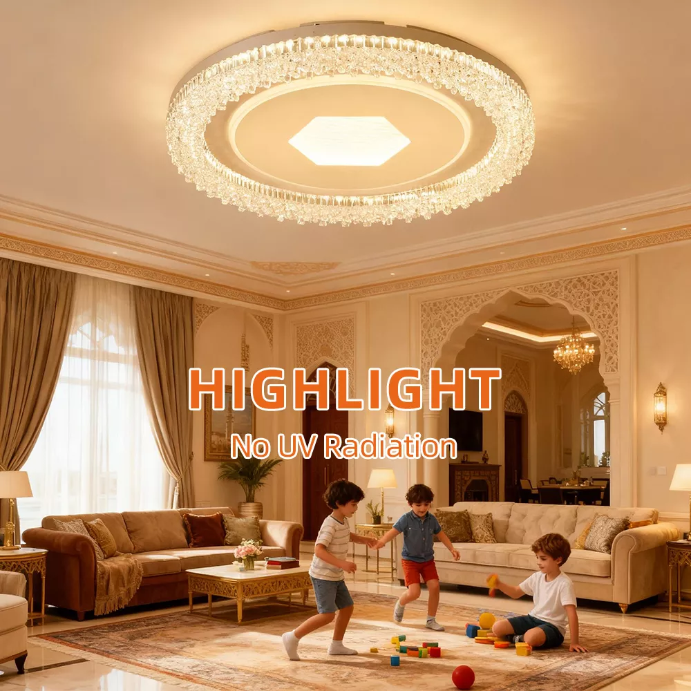 Luxury bedroom with golden decor lit by a crystal ceiling light showing warm glow without visible flicker.