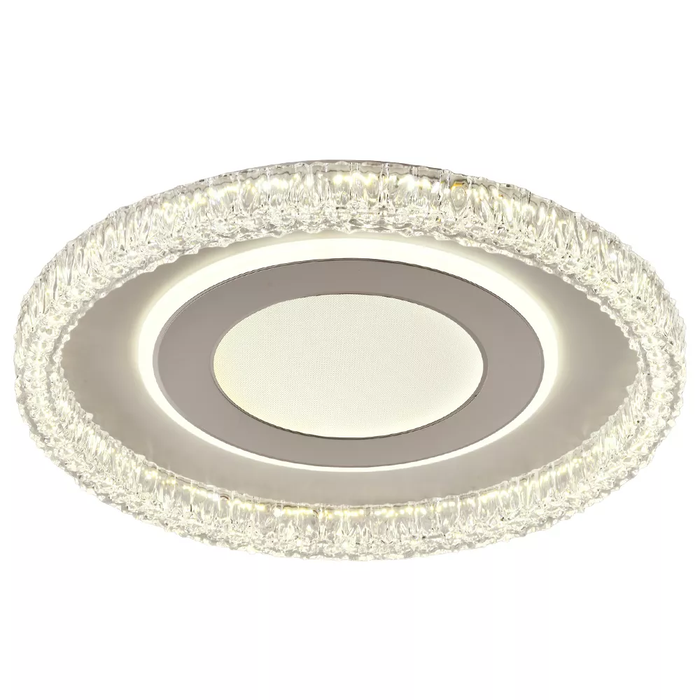 Isolated product image of modern circular crystal ceiling LED light with glowing edge ring
