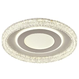 Isolated product image of modern circular crystal ceiling LED light with glowing edge ring