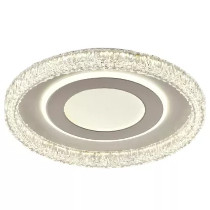 Isolated product image of modern circular crystal ceiling LED light with glowing edge ring