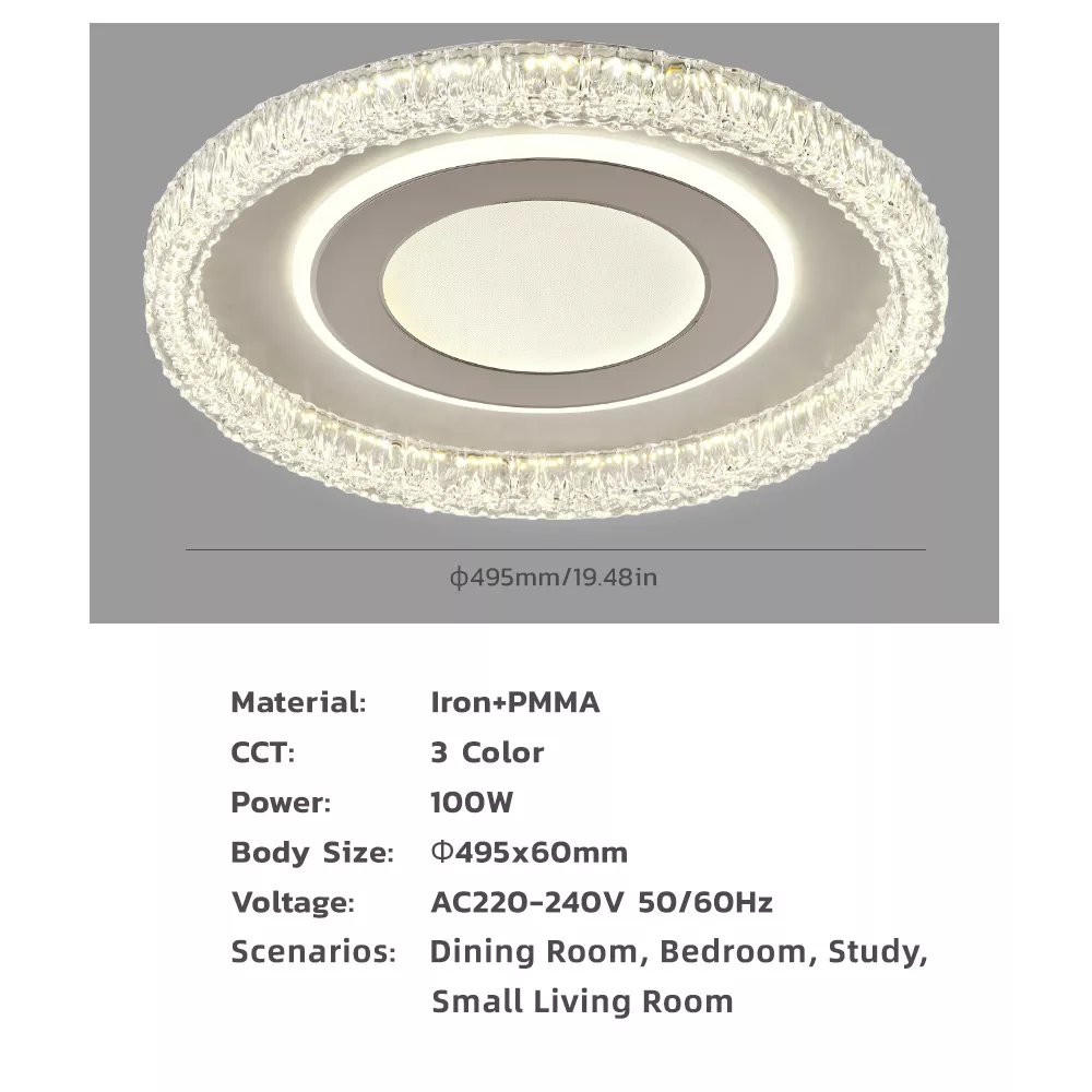 Technical specifications for crystal ceiling light: 100W, Ø495mm, Iron + PMMA, 3-color