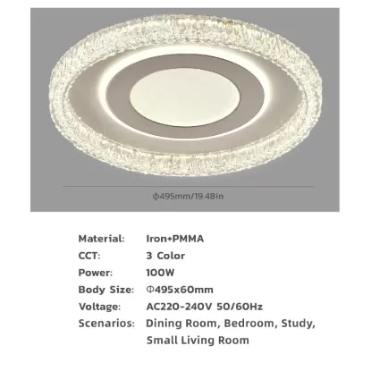 Technical specifications for crystal ceiling light: 100W, Ø495mm, Iron + PMMA, 3-color