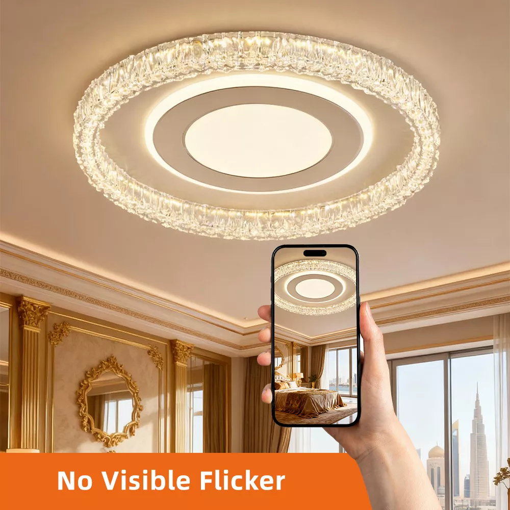 Crystal ceiling light shown flicker-free under smartphone camera view in luxury bedroom