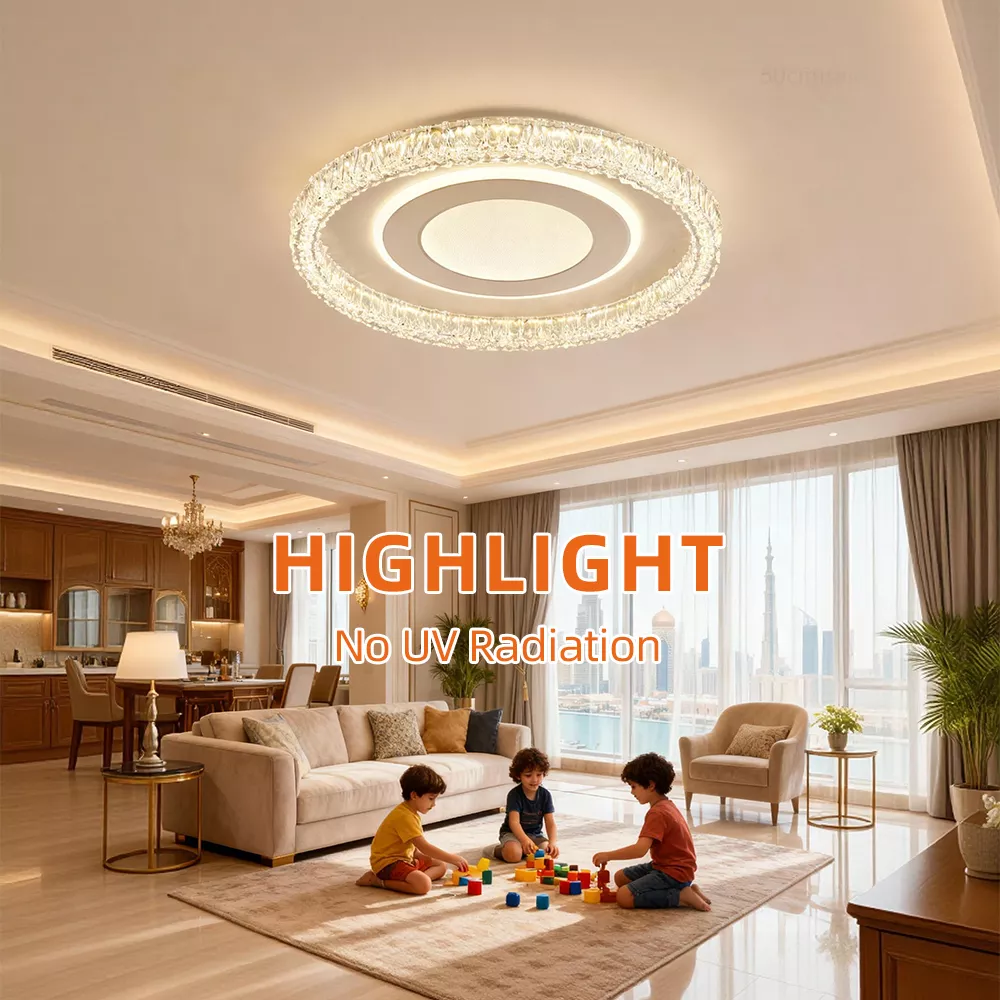 Ceiling light in a spacious living area with text "Highlight – No UV Radiation"