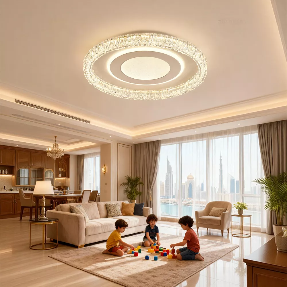 Modern living room with crystal flush mount ceiling light and children playing on the rug