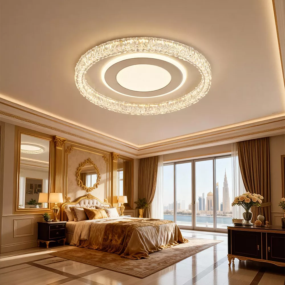 Luxury bedroom with large crystal LED ceiling light and gold-accented decor