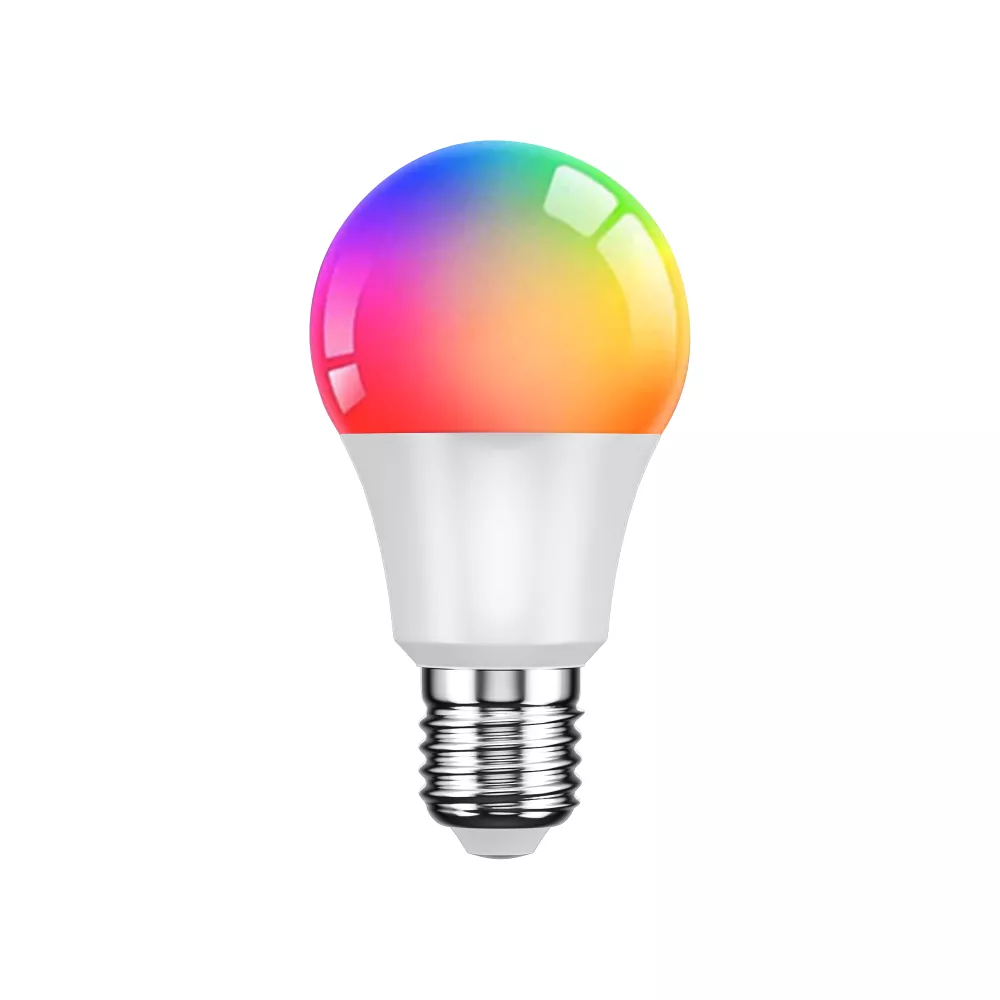 Standalone smart bulb with rainbow color gradient, white body, and E27 base