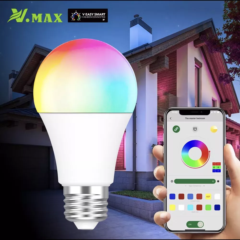 Smart RGB bulb and mobile app interface shown in front of a house lit with smart lighting