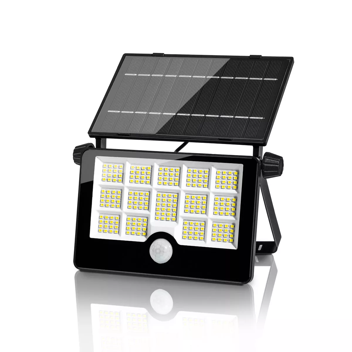 Solar-powered LED floodlight with motion sensor and large solar panel