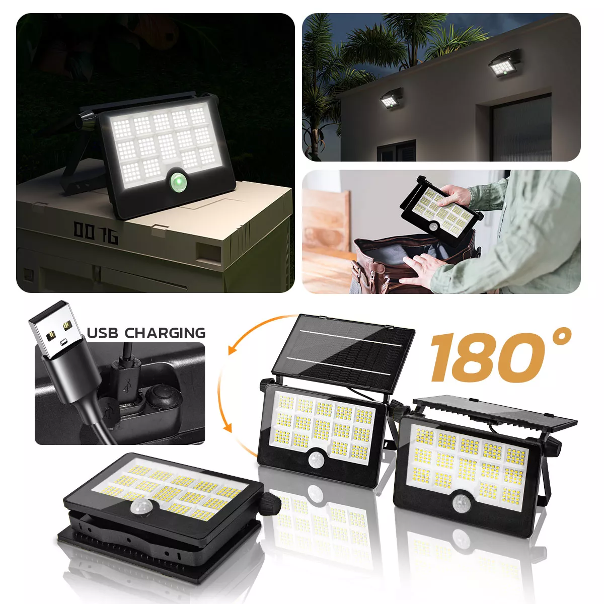 Multi-view of solar LED floodlight showing USB charging, rotation, and portable design