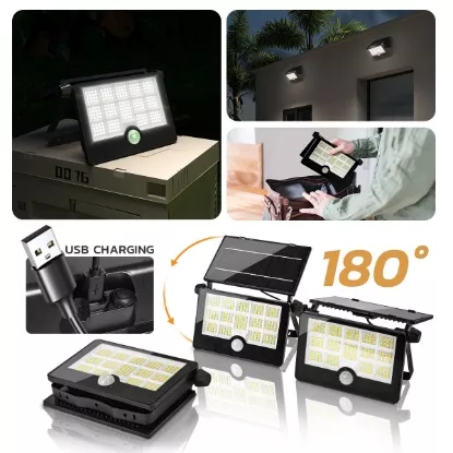 Multi-view of solar LED floodlight showing USB charging, rotation, and portable design