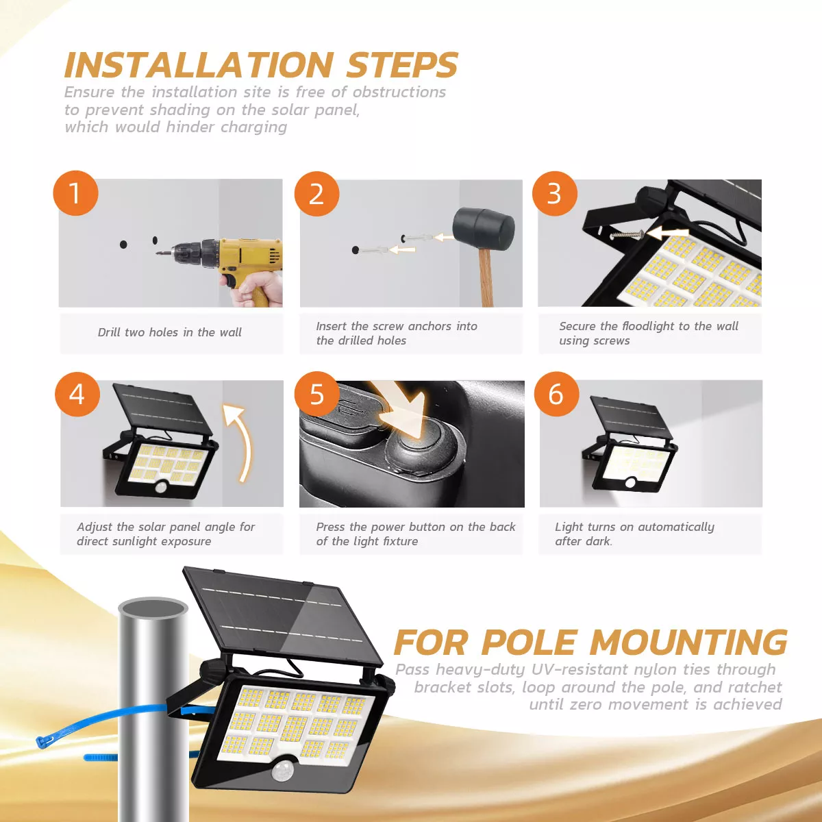 Step-by-step solar LED floodlight wall installation guide with mounting options