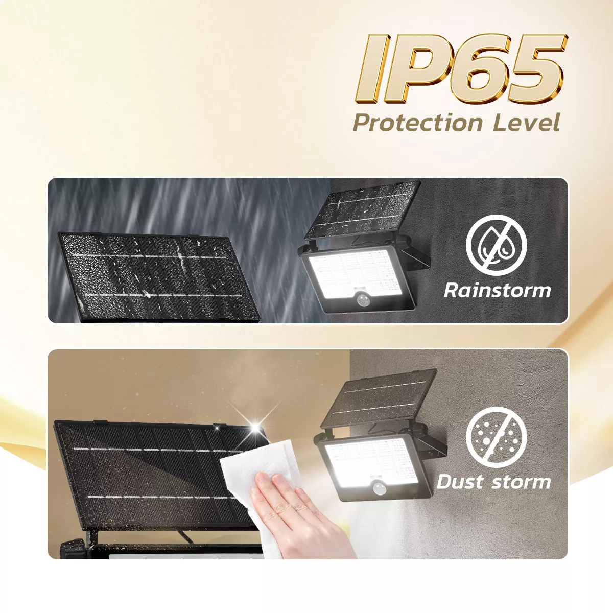 Solar floodlight in rain and dust showing IP65 waterproof protection level