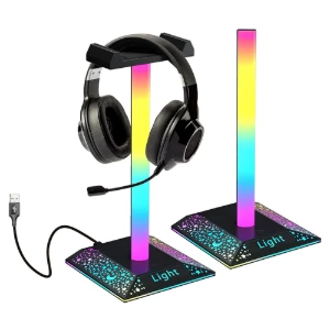 RGB headphone stand with headset mounted, USB powered, glowing in multicolor light