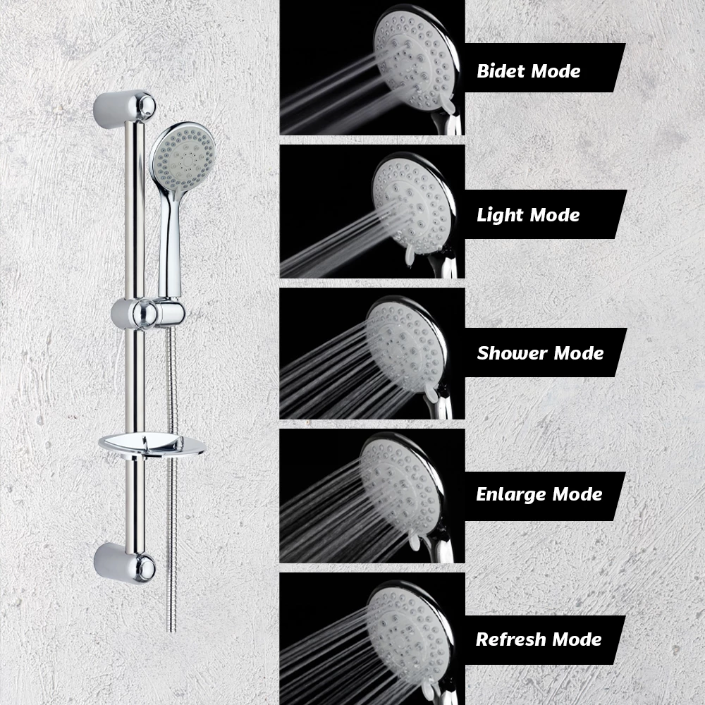 Picture of Adjustable Hand Shower Set with Sliding Rail | 5-Function Chrome Shower Head & Hose Kit