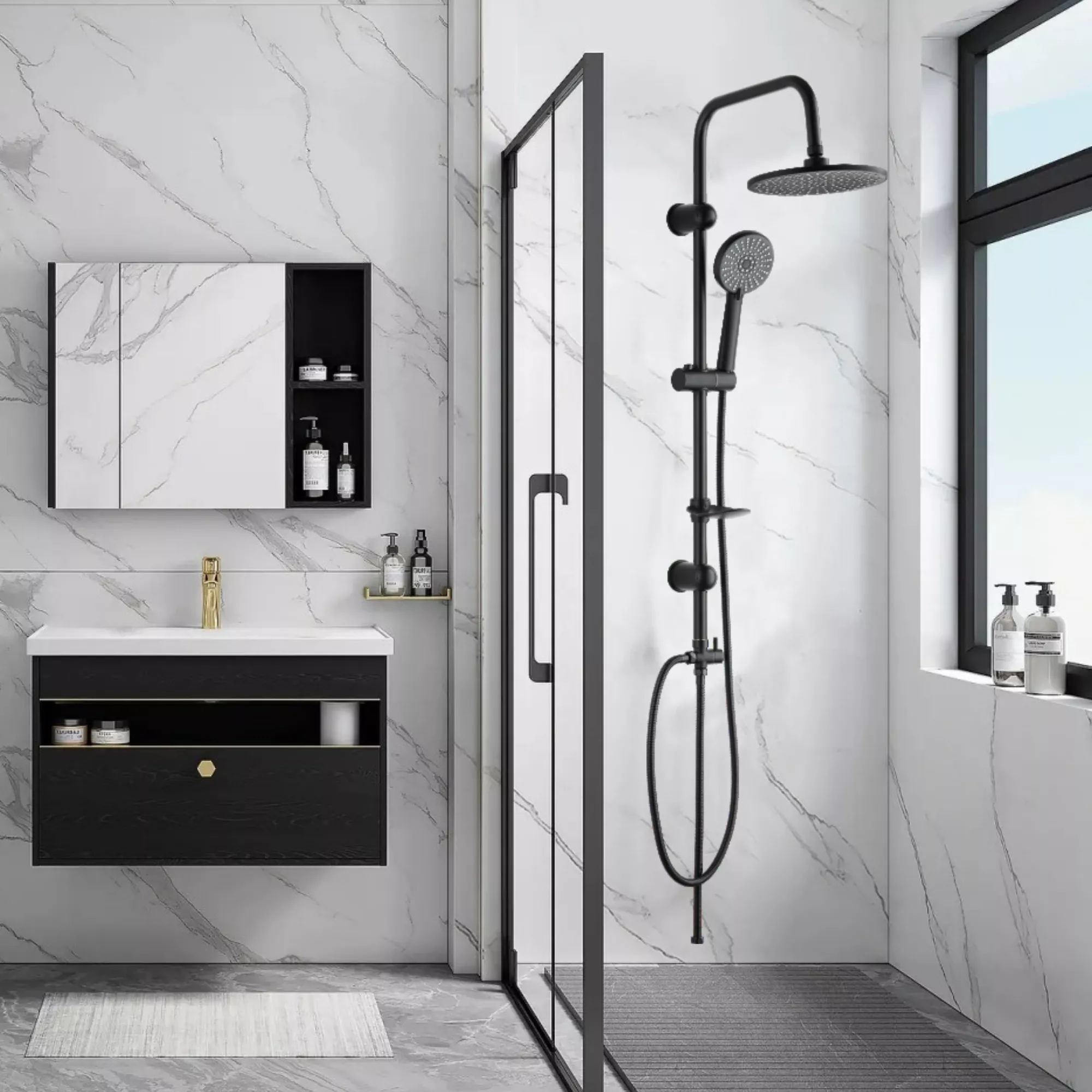 Picture of Black Rainfall Shower System | 10-Inch Overhead Shower + Handheld Shower | Wall Mounted Bathroom Shower Set