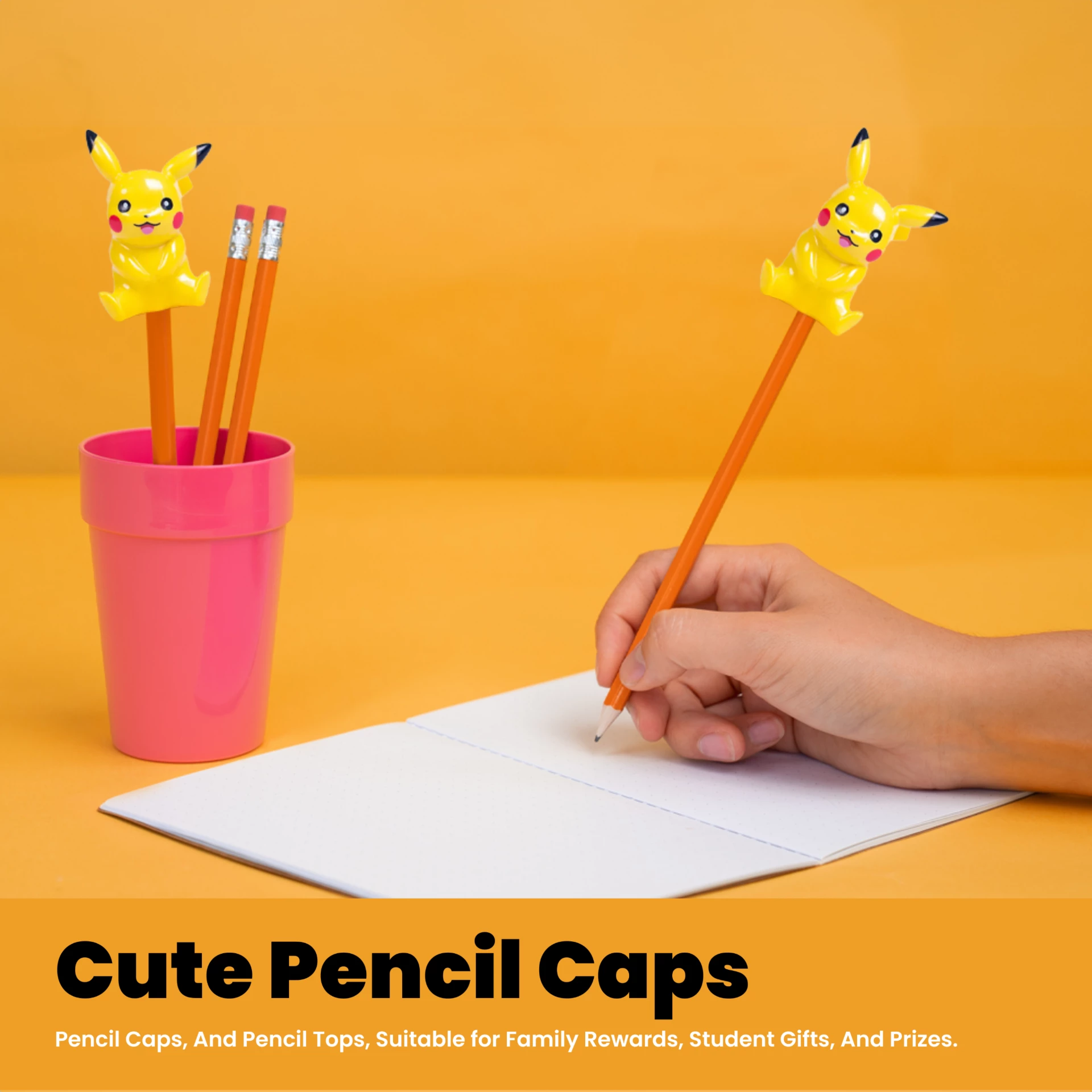 Cute Pikachu pencil cap used while writing, cartoon pencil topper for school stationery and student gifts