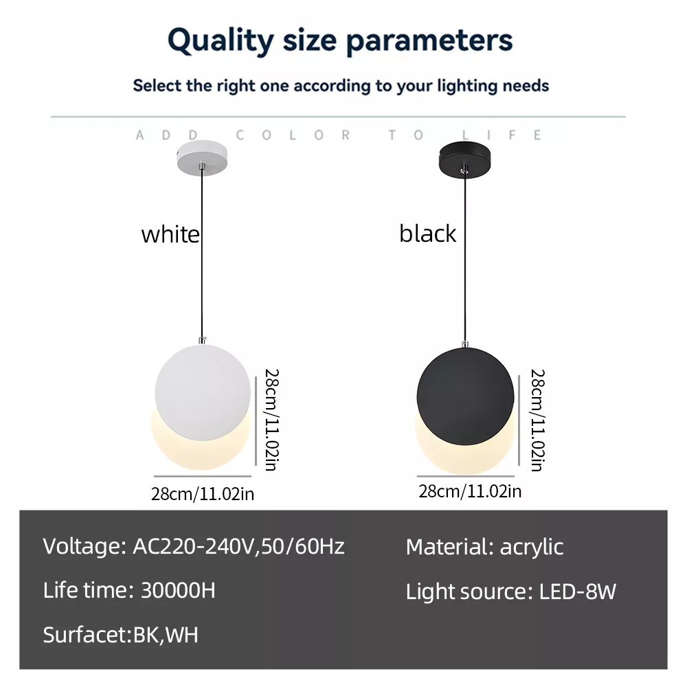 Pendant light size chart with specs for white and black versions – 28cm diameter and 8W LED