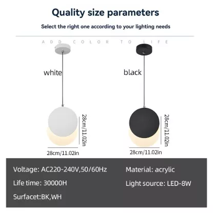 Pendant light size chart with specs for white and black versions – 28cm diameter and 8W LED