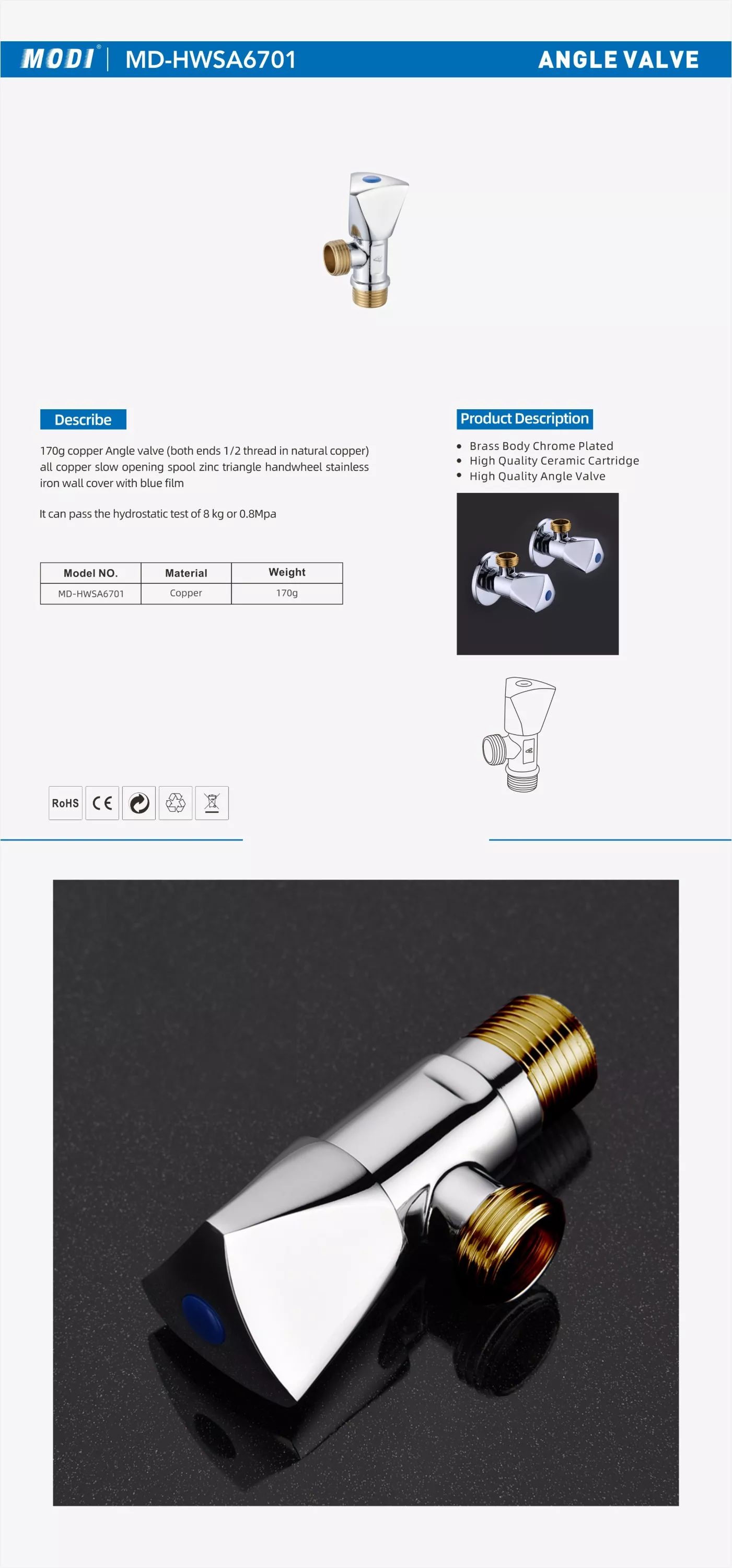 Picture of 1/2 Inch Copper Angle Valve – Brass Chrome Plated Stop Valve for Bathroom & Kitchen