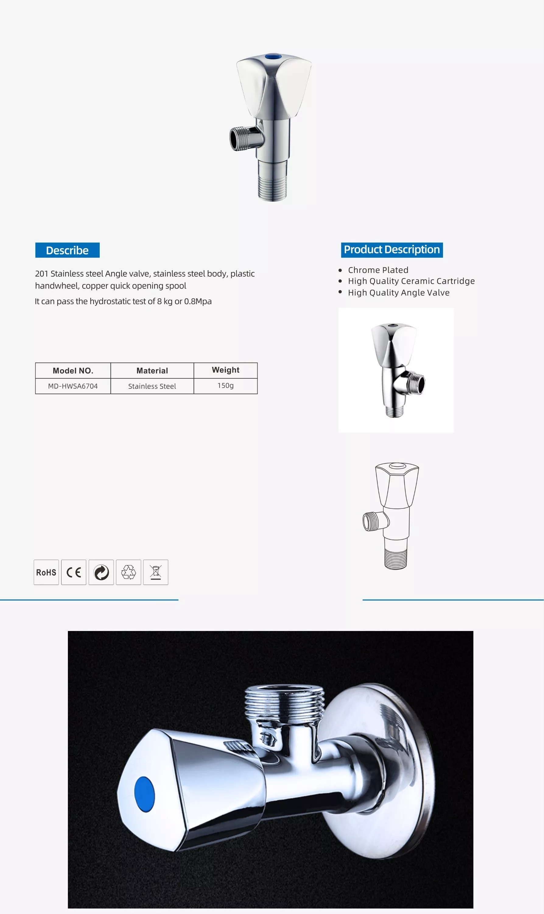 Picture of Stainless Steel Angle Valve 1/2 Inch – Chrome Plated Water Control Valve for Bathroom & Kitchen