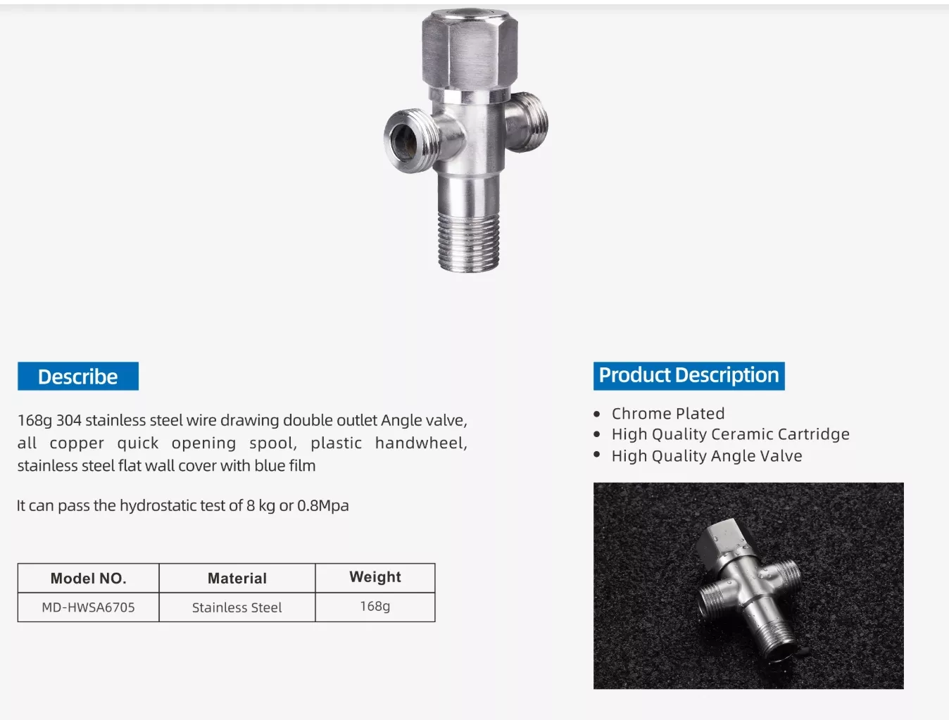 Picture of 304 Stainless Steel Double Outlet Angle Valve – 1/2 Inch Two-Way Water Control Valve