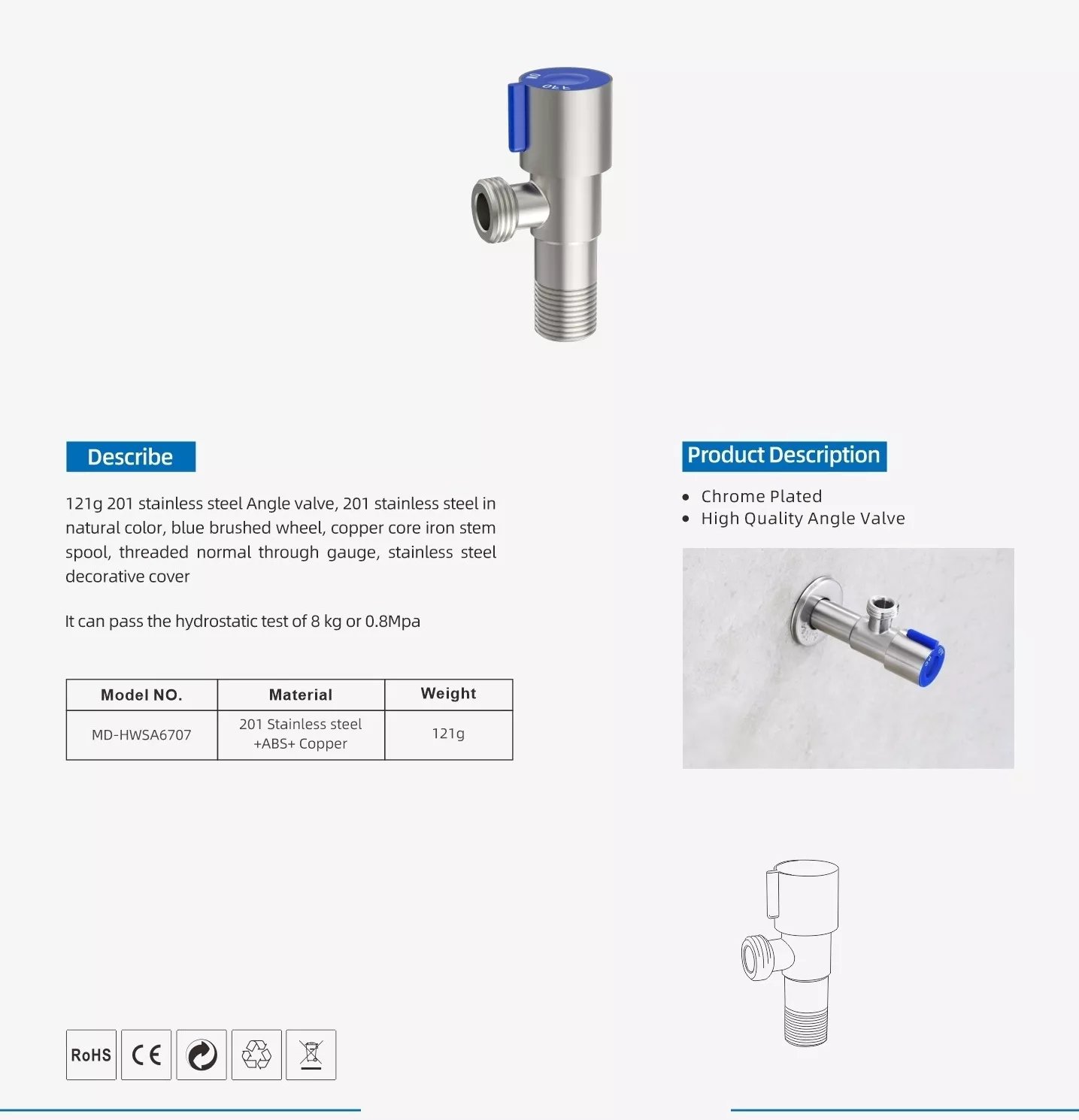 Picture of 201 Stainless Steel Angle Valve – 1/2 Inch Blue Handle Water Control Valve