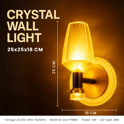 Close-up of golden crystal wall light showing product dimensions: 25x25x18 cm and 12W power