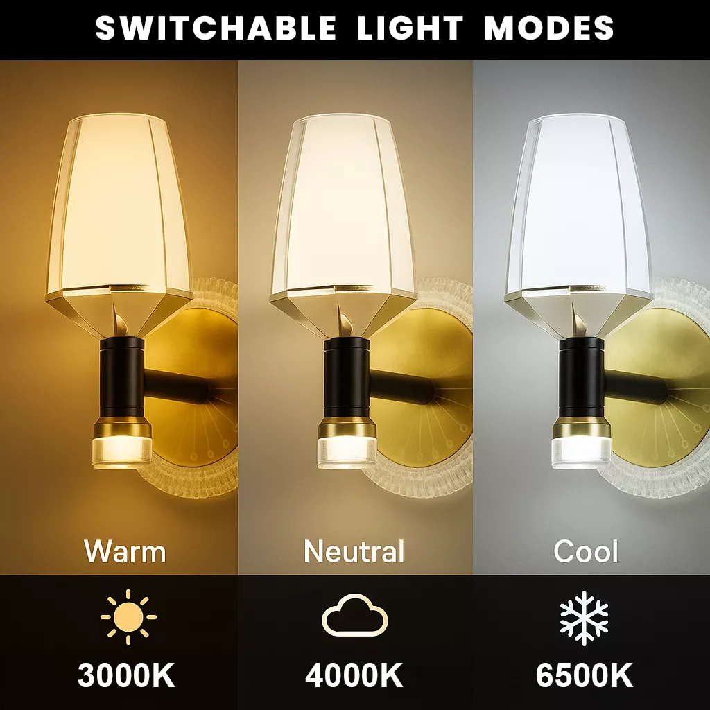 Three switchable light modes: Warm 3000K, Neutral 4000K, Cool 6500K LED wall lights