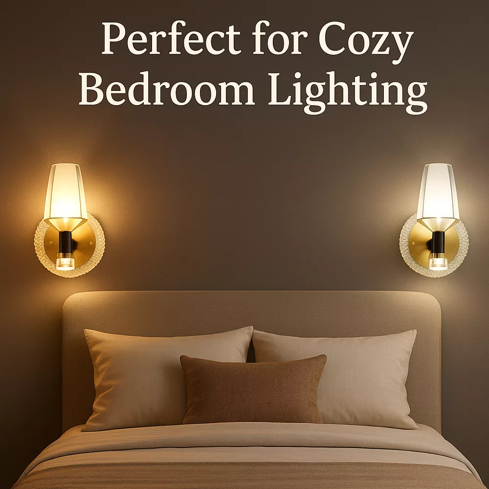 Crystal LED wall sconces installed in bedroom, labeled "Perfect for Cozy Bedroom Lighting"