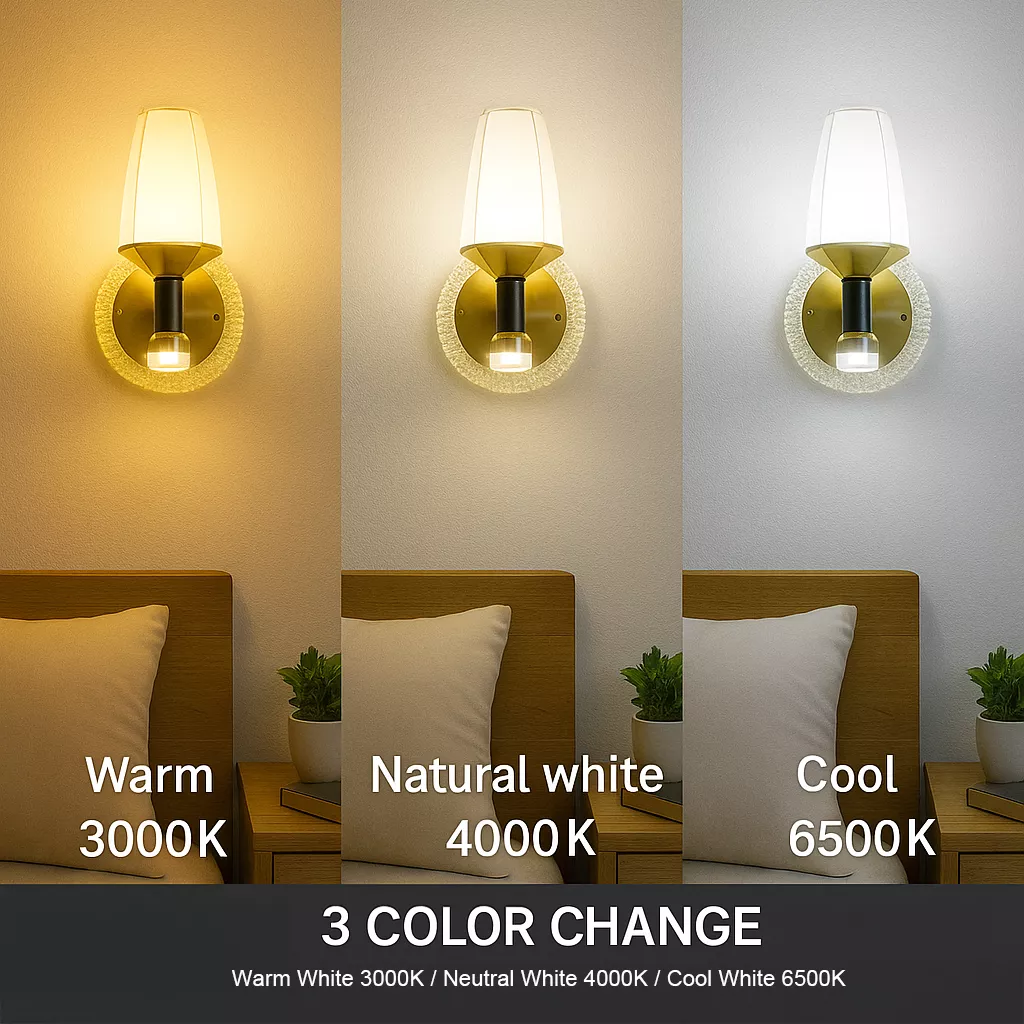 3 color change crystal wall sconce above nightstand: warm white, natural white, and cool white