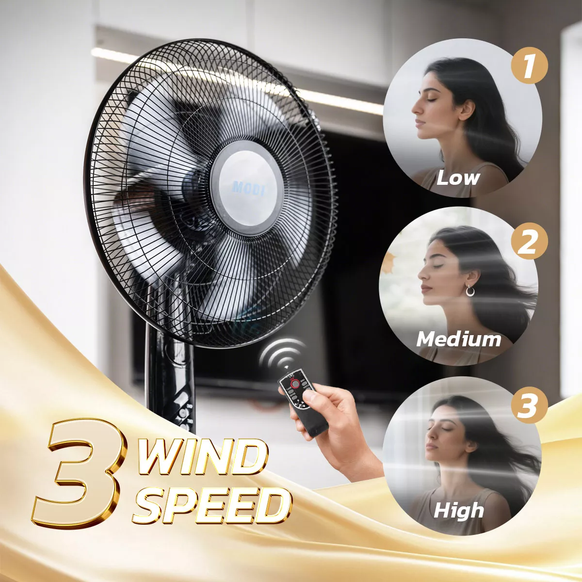 Picture of pedestal fan remote, 5 blade stand fan, 16 inch stand fan, 3-speed pedestal fan, soft wind fan
