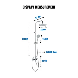 Detailed dimension layout of luxury rainfall shower system with hose and overhead unit