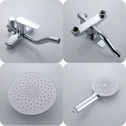 Chrome finish faucet and shower valve unit from multiple angles