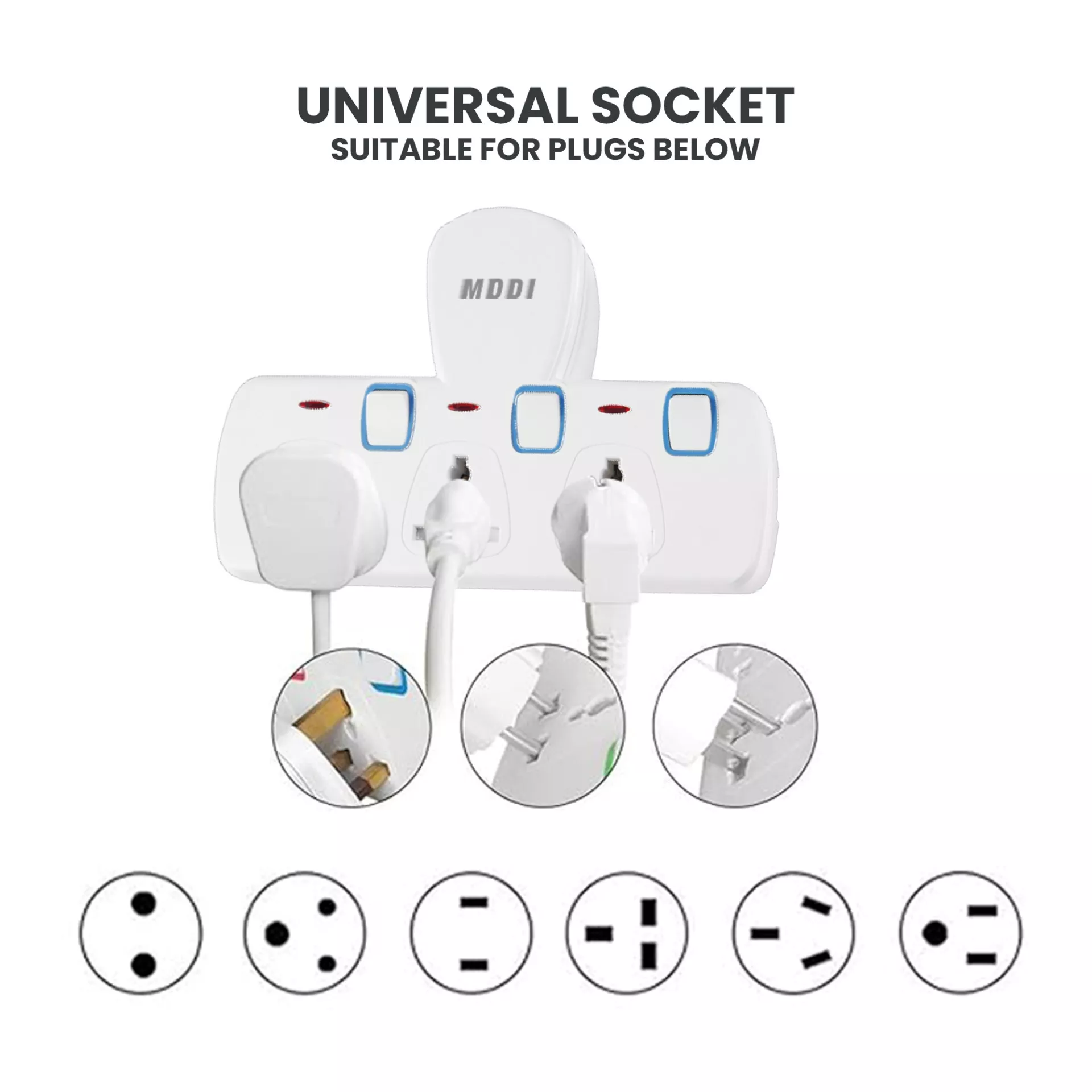 Picture of Universal Wall Socket Adapter with 3 Outlets & Individual Switches | Multi Plug Extension with Child Safety & Adjustable Support (250V, 13A)