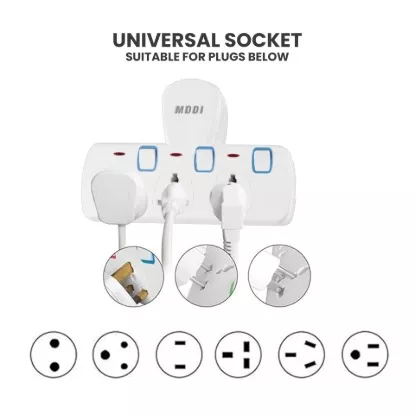 Picture of Universal Wall Socket Adapter with 3 Outlets & Individual Switches | Multi Plug Extension with Child Safety & Adjustable Support (250V, 13A)