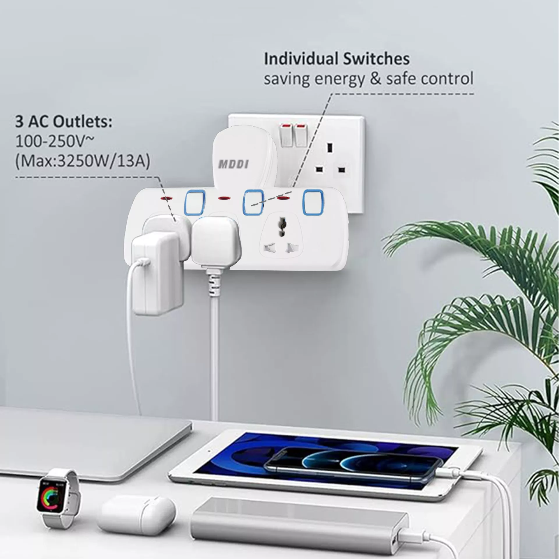 Picture of Universal Wall Socket Adapter with 3 Outlets & Individual Switches | Multi Plug Extension with Child Safety & Adjustable Support (250V, 13A)