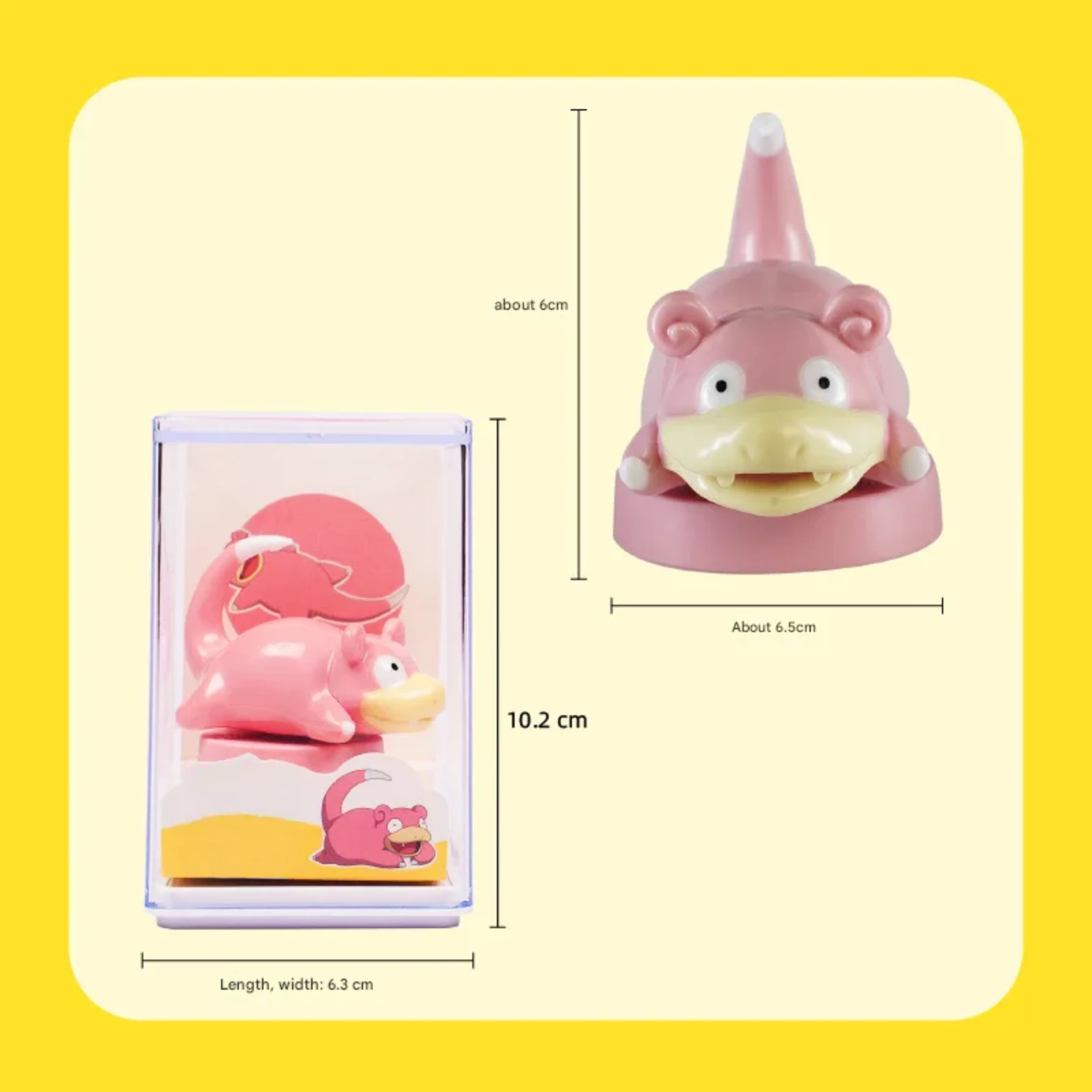 Pink cartoon stamp toy showing eraser and seal functions with size dimensions, multifunction kids stationery item.