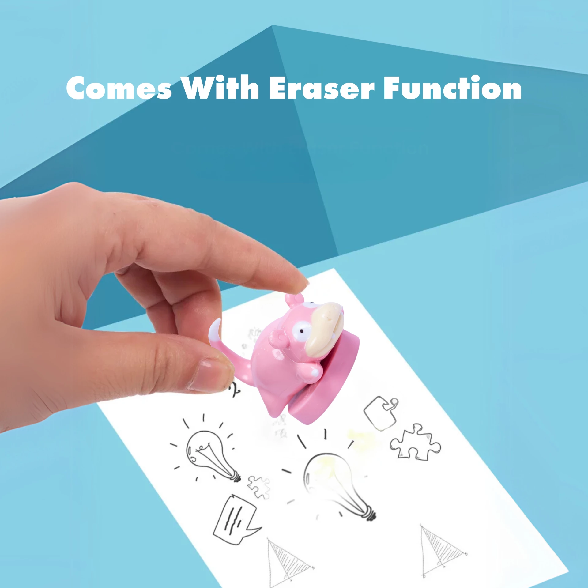 Pink cartoon toy eraser in use removing pencil drawings, fun eraser toy for kids school and creative activities.