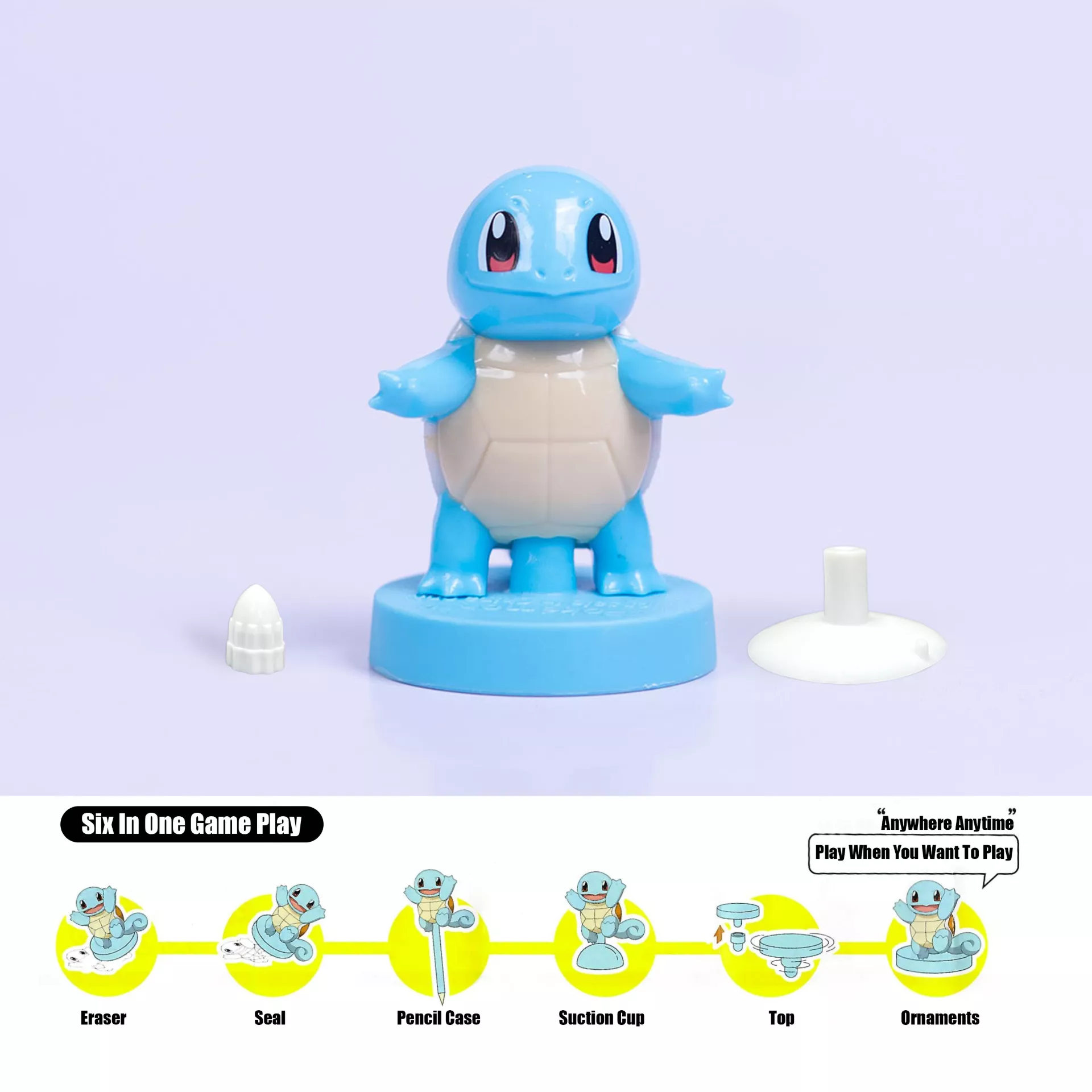 Cute turtle character toy with suction base and removable parts, multifunction kids toy with eraser and pencil top features.