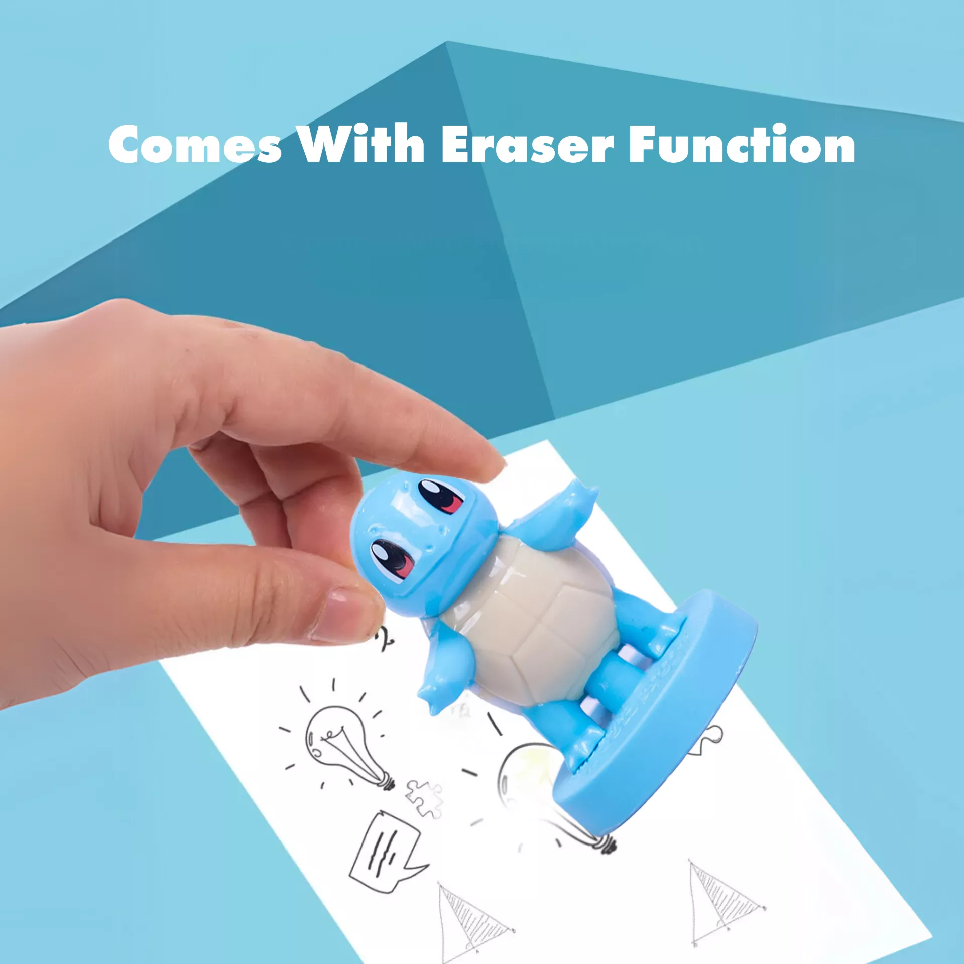 Cute turtle toy eraser function in use, cartoon eraser for kids drawing, homework, and school activities.