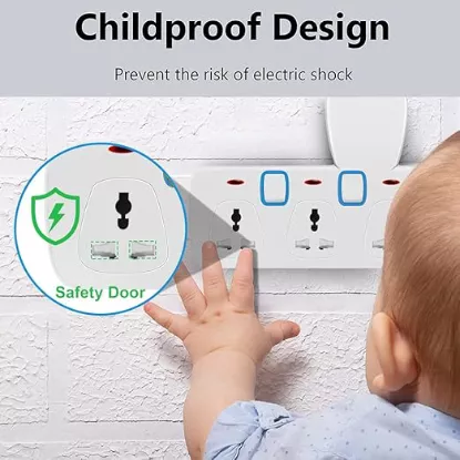 MODI universal extension socket adapter showing side profile, individual power switches and indicator lights.