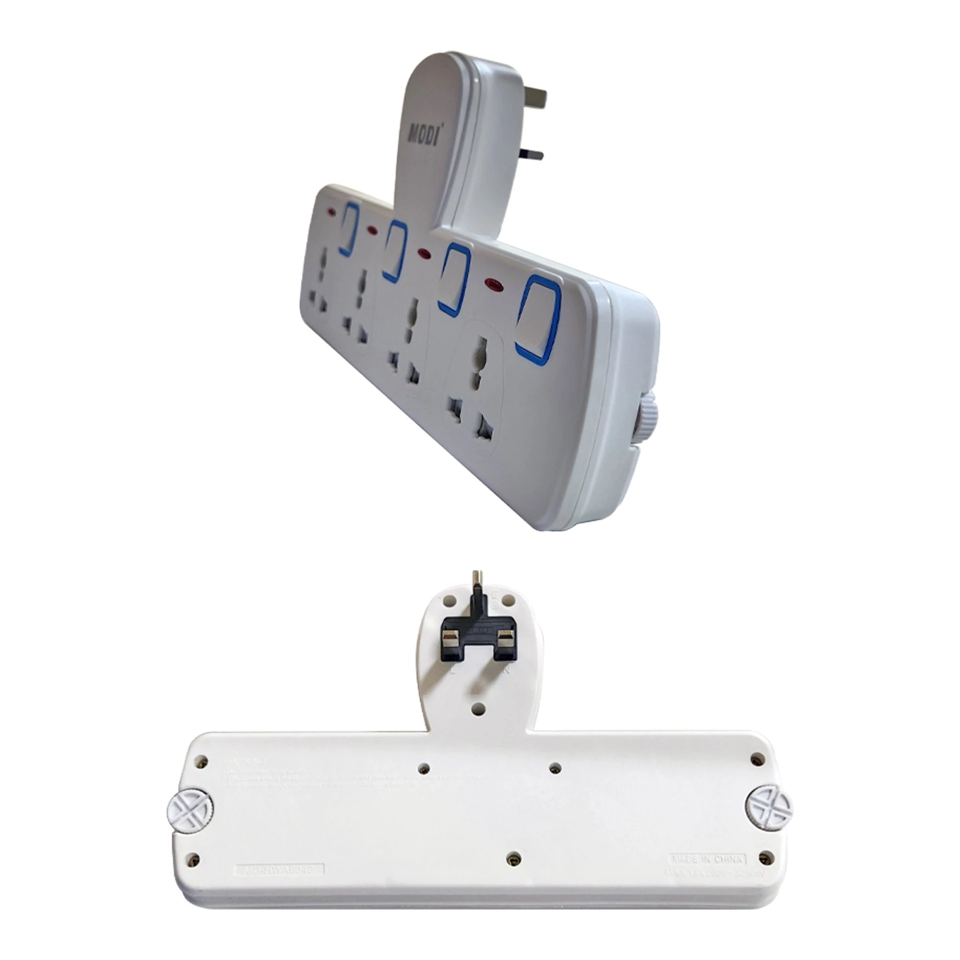 Back view of MODI extension socket with built-in UK 3-pin plug and wall mount design for stable power connection.
