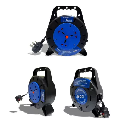 MODI cable reel extension socket with multiple universal outlets, compact drum design, portable power extension reel.