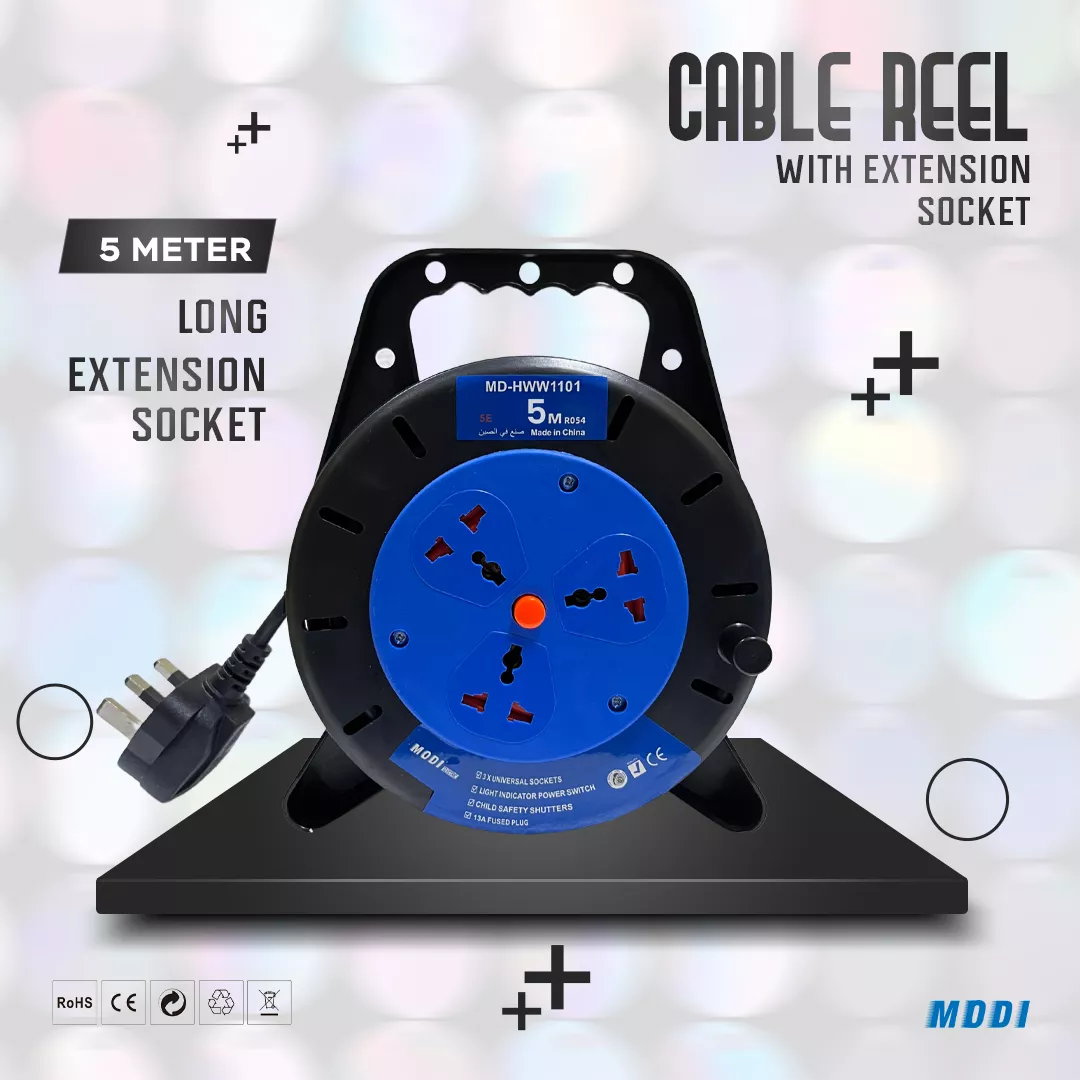 5 meter cable reel with extension socket, compact portable power reel with universal outlets and safety certifications.