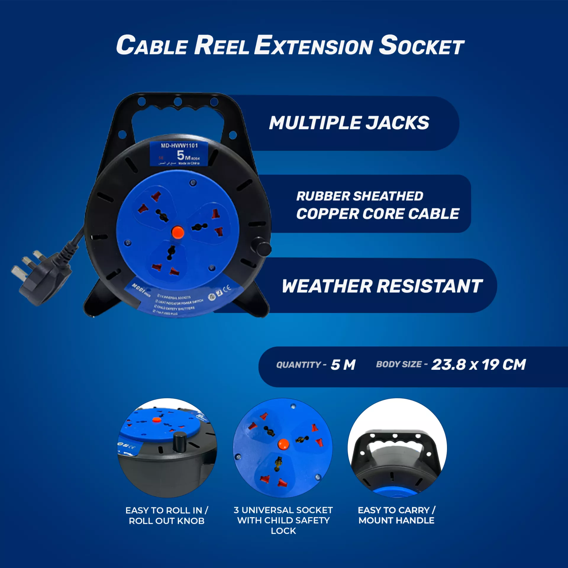 Cable reel extension socket with multiple jacks, rubber sheathed copper core cable, and weather resistant body design.