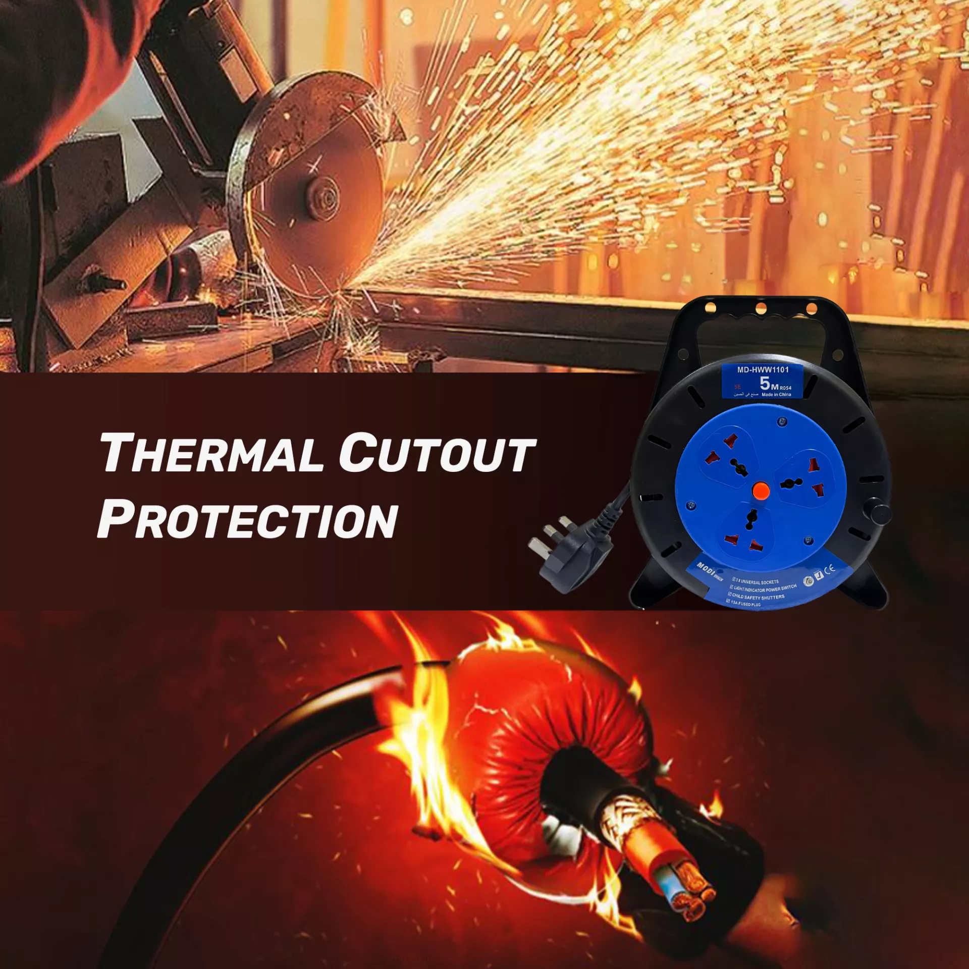 Cable reel extension socket with thermal cutout protection, heat resistant power cable designed for heavy duty industrial use.