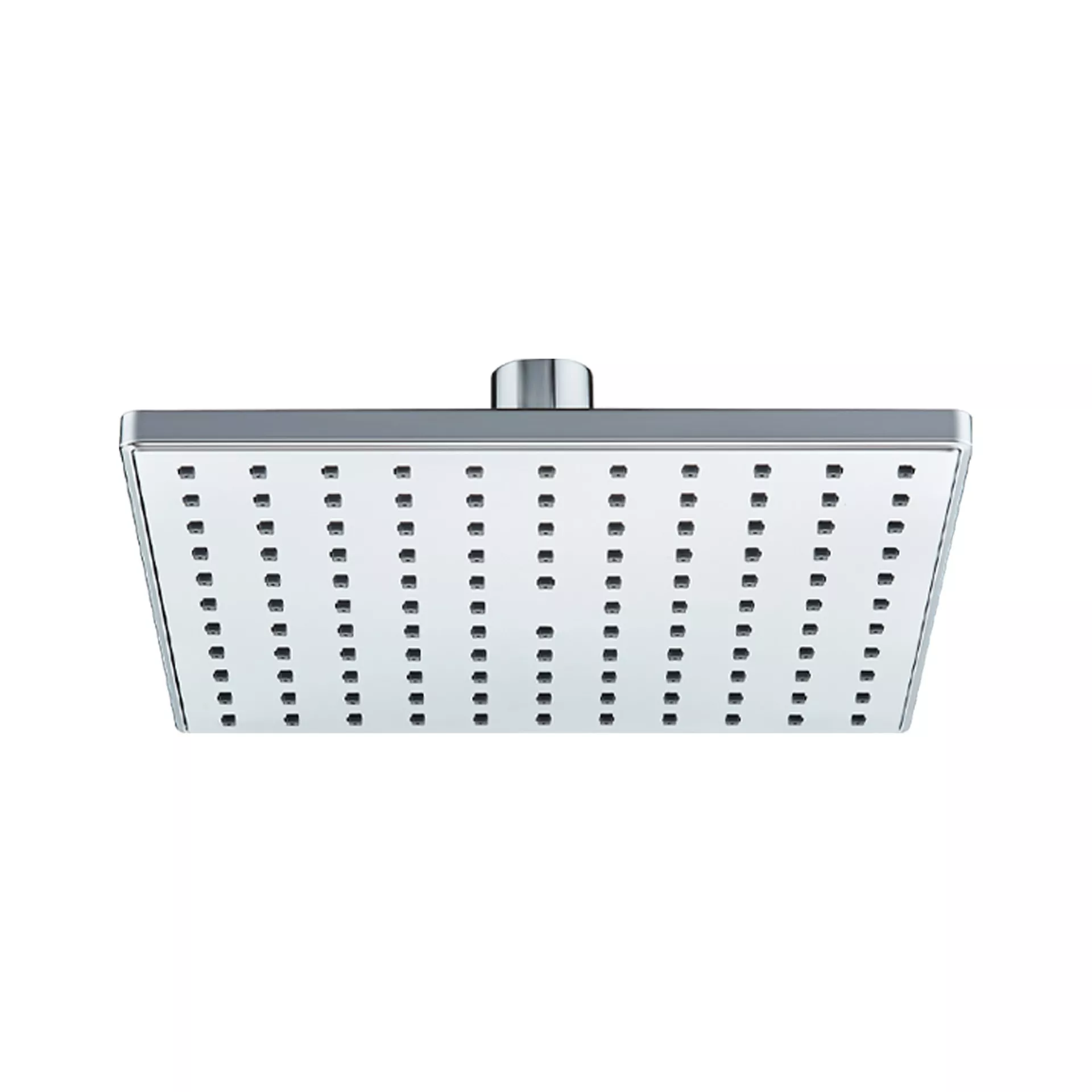 Square stainless steel rainfall shower head with chrome finish, modern overhead bathroom shower head with wide water coverage.