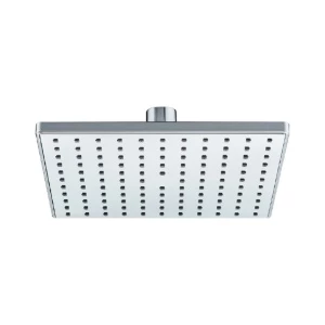 Square stainless steel rainfall shower head with chrome finish, modern overhead bathroom shower head with wide water coverage.