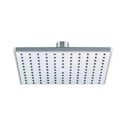 Square stainless steel rainfall shower head with chrome finish, modern overhead bathroom shower head with wide water coverage.